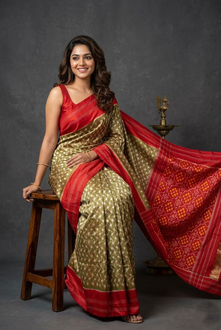 Olive Green Barista Soft Silks Saree with Red Traditional Zari Border
