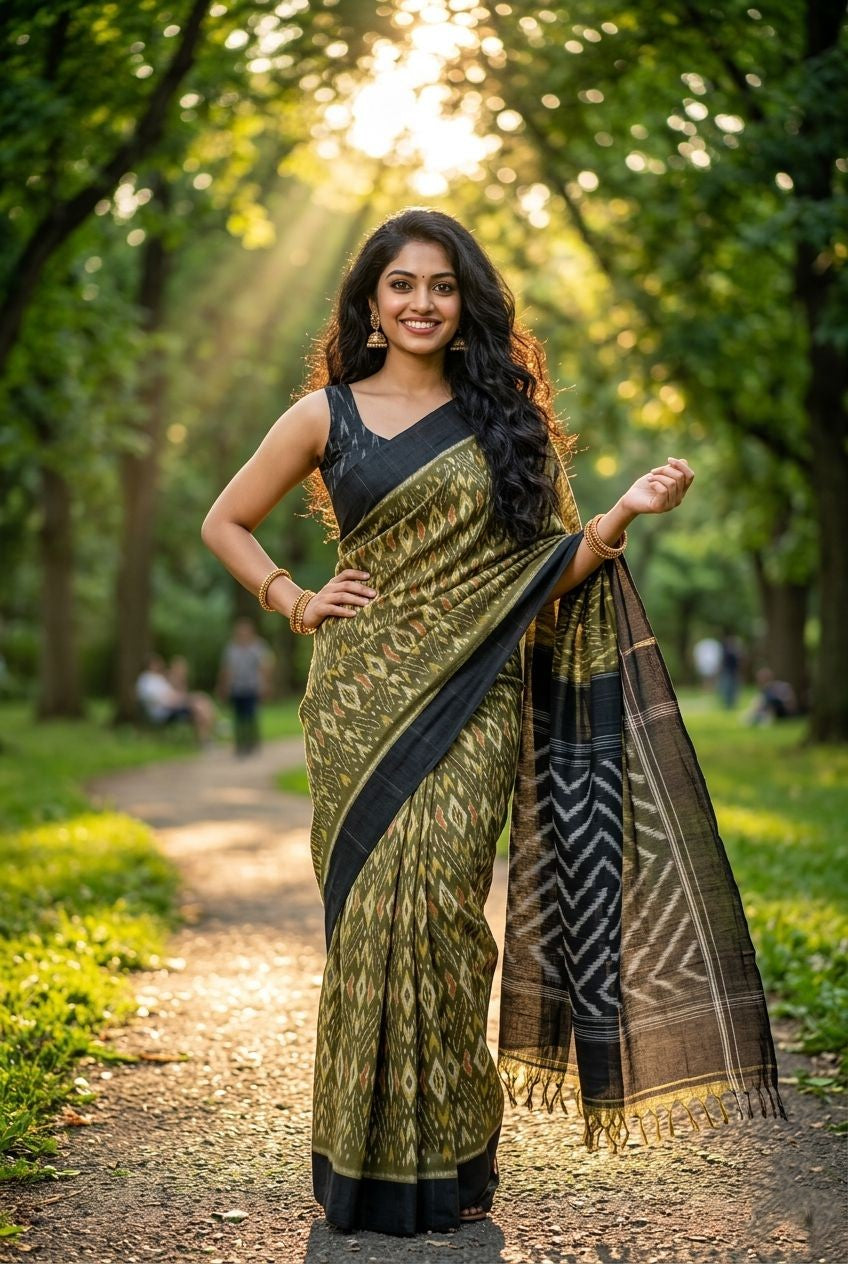Olive Green Linen Saree with Black Zari Border | Handloom Casual Drape