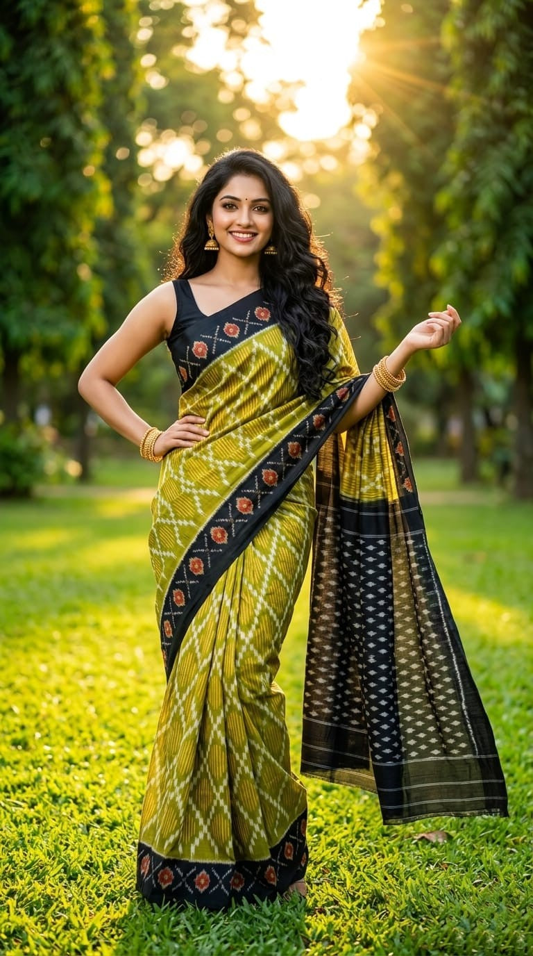Olive and Black Printed Linen Saree with Zari Border | Premium Handloom Saree