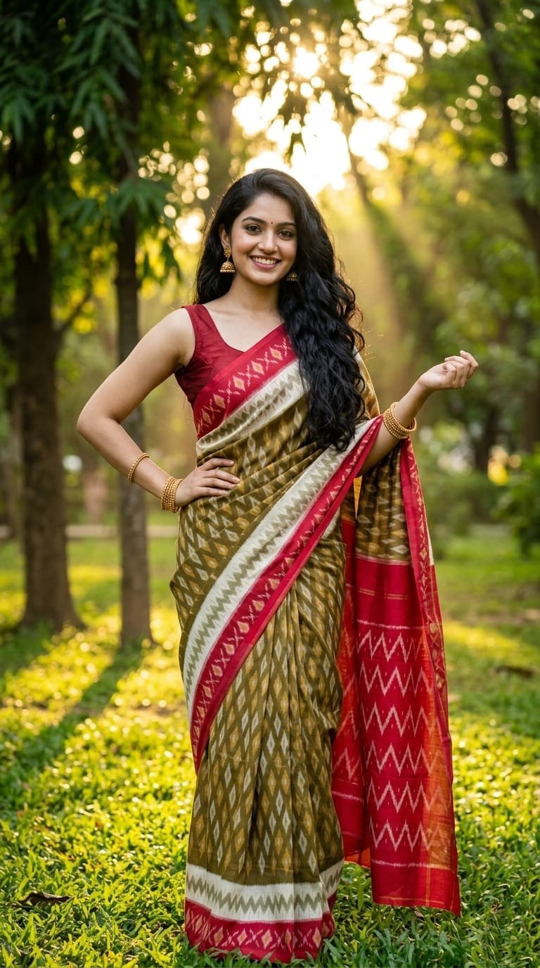Olive and Red Geometric Linen Saree with Red Pallu | Bold Handloom Collection