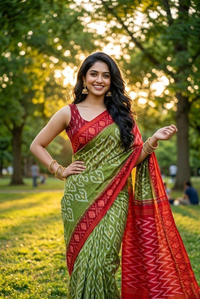 Olive and Red Ikat Linen Saree with Contrast Printed Pallu | Handwoven Tradition