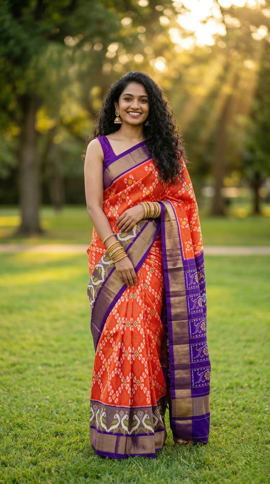 Orange Bentex Handloom Silk Saree with Purple Temple Border