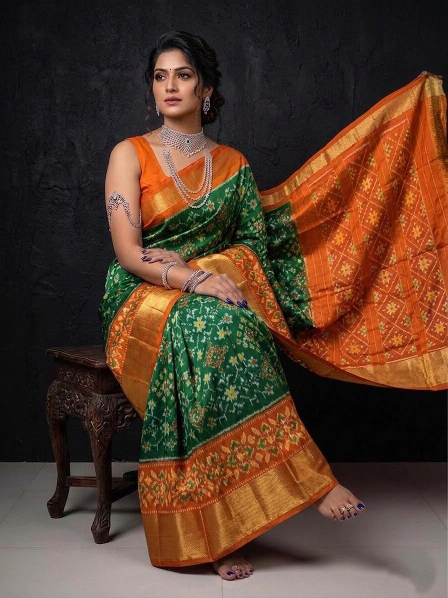 Orange Green Temple Border Handloom Kotha Silk Saree