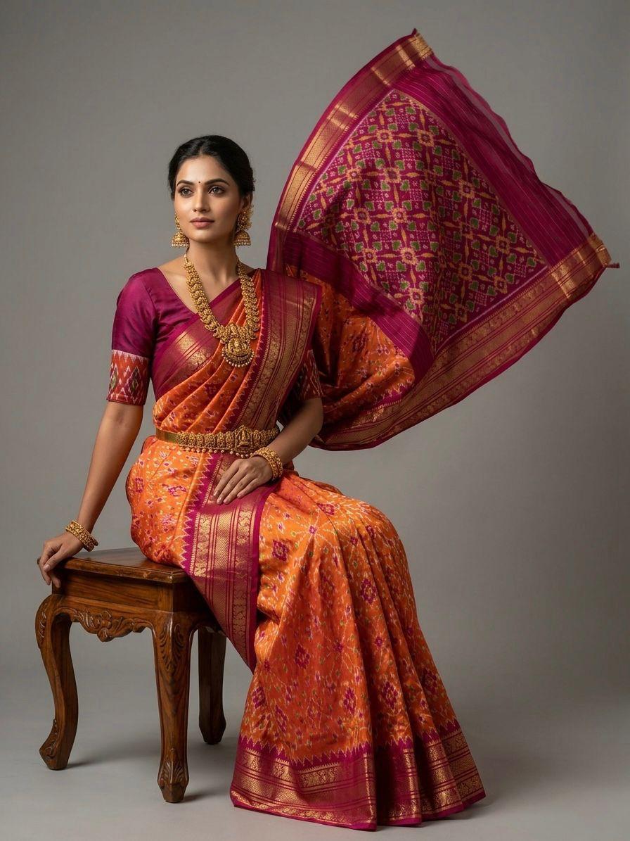 Orange Handloom Pattu Silk Saree with Pink Traditional Zari Border