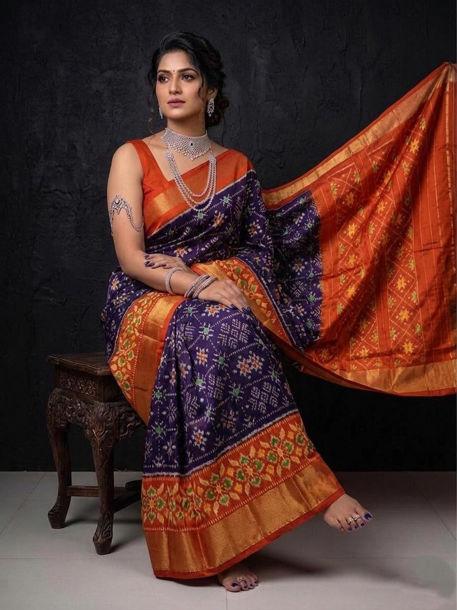 Orange Navy Blue Traditional Handloom Kotha Silk Saree