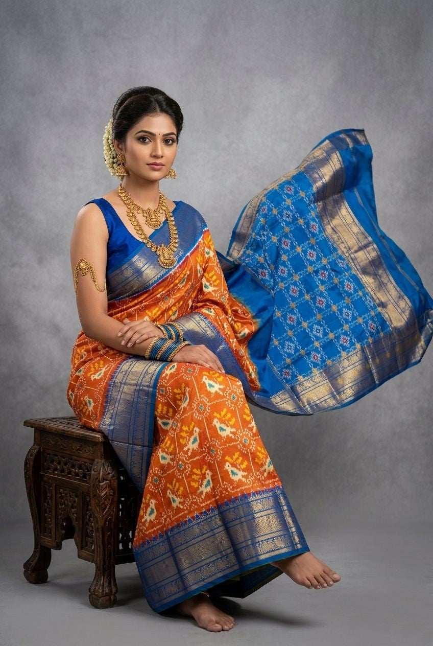 Orange and Blue Bentex Handloom Silk Saree with Elegant Zari Border