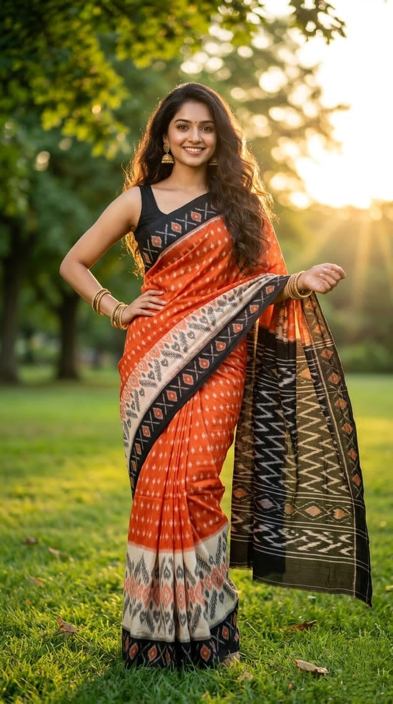 Orange and Brown Buta Linen Saree with Dark Border | Warm Festive Collection