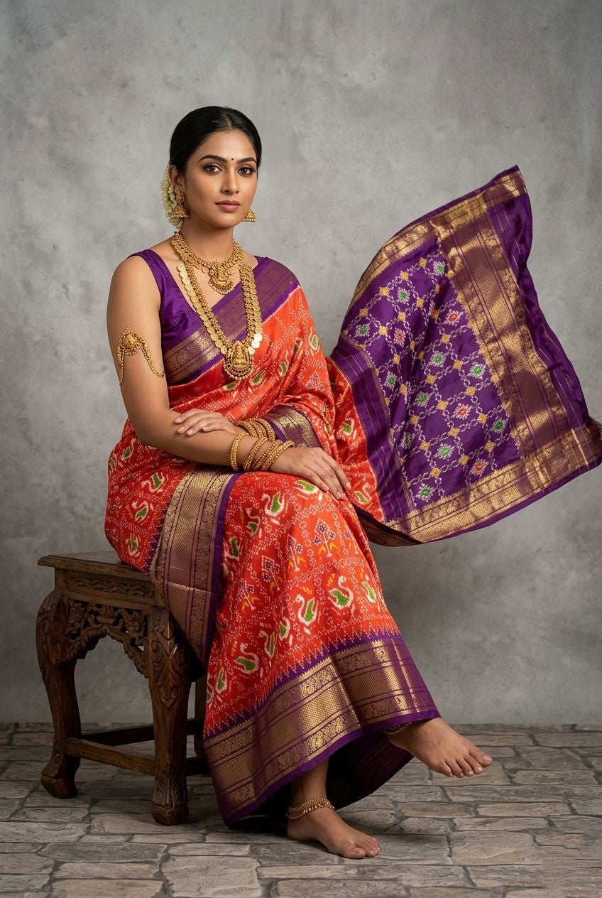 Orange and Purple Bentex Handloom Silk Saree with Traditional Banarasi Weaving