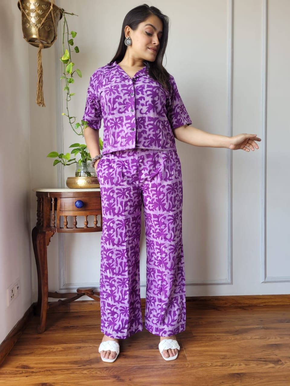Pastel Pink Pure Cotton Hand Block Print Co-ord Set with Balloon Sleeves