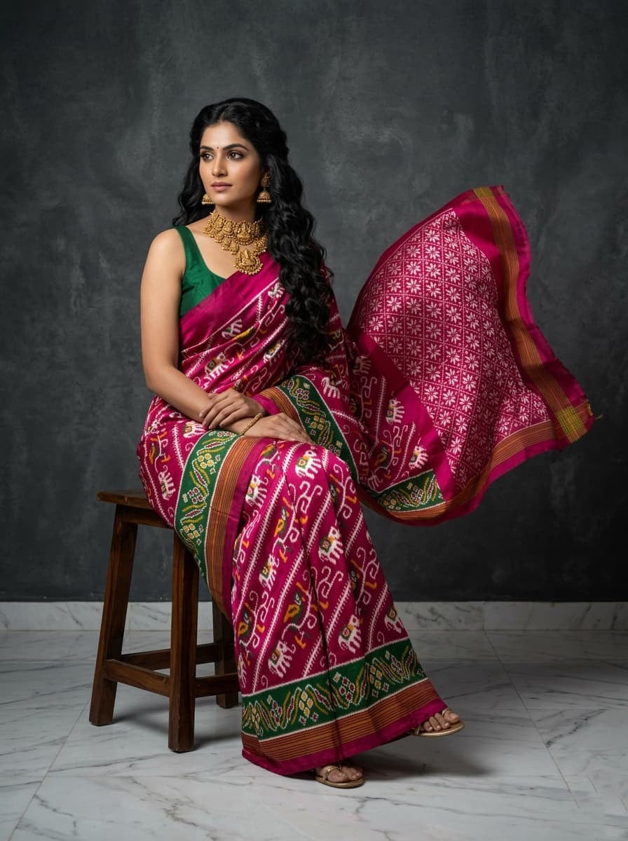 Pink Barista Soft Silks Saree with Green Traditional Ethnic Border