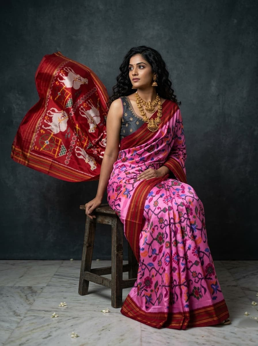 Pink Barista Soft Silks Saree with Red Artistic Printed Pallu
