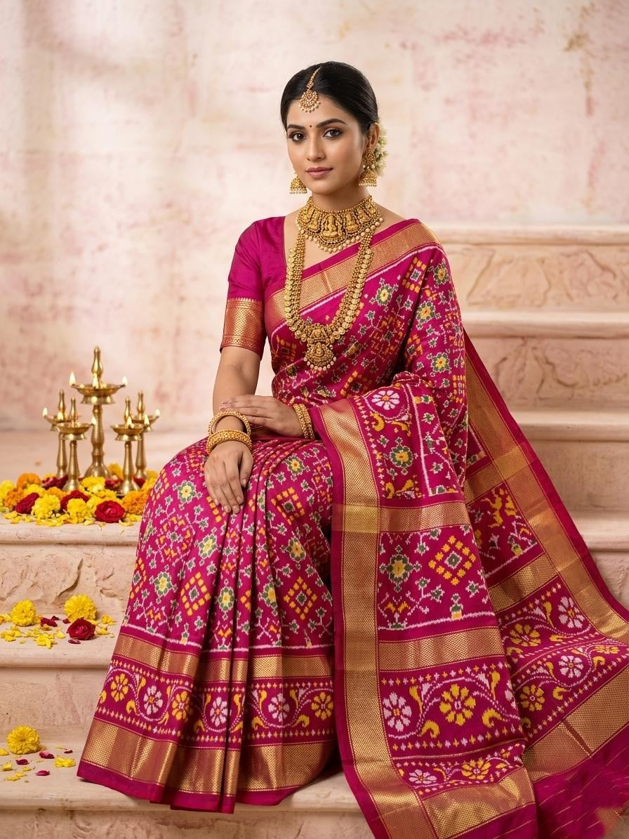 Pink Bentex Handloom Silk Saree with Heavy Traditional Zari Work
