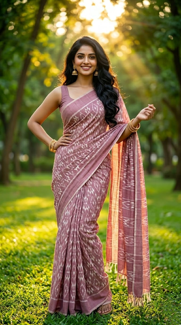Pink Floral Linen Saree with Gold Border | Delicate Feminine Festive Wear