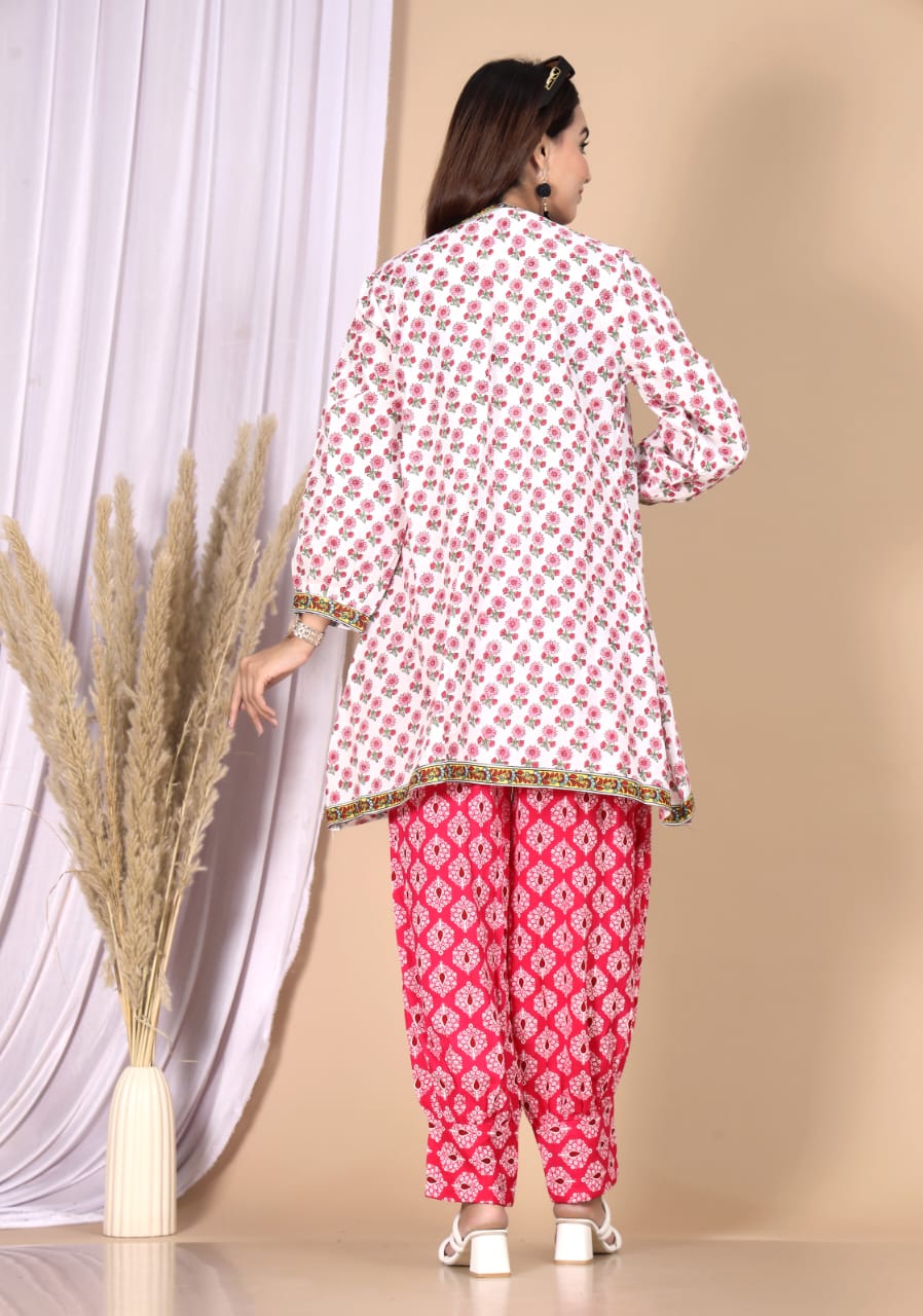 Pink Floral Printed 3-Piece Choli Shrug & Pant Set