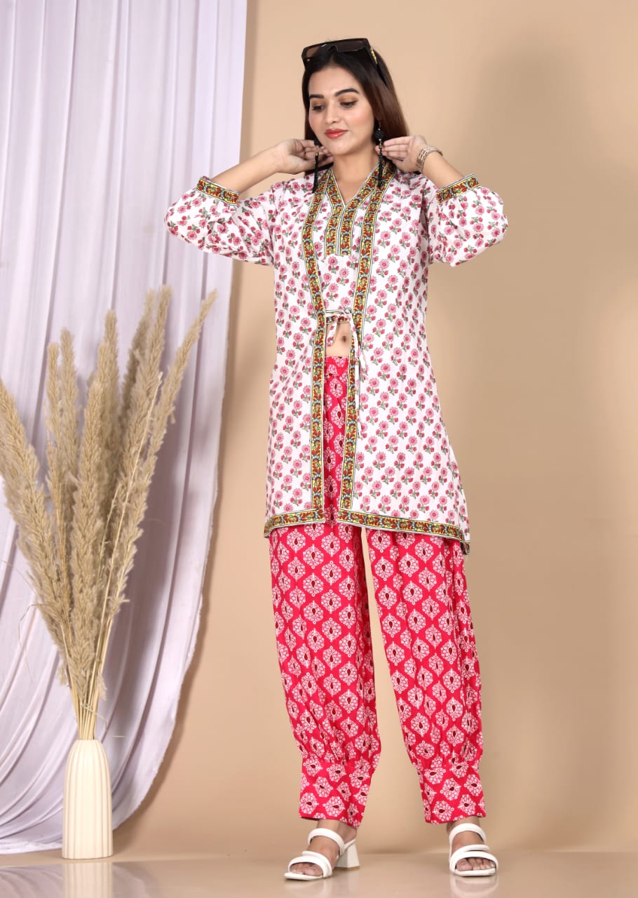 Pink Floral Printed 3-Piece Choli Shrug & Pant Set