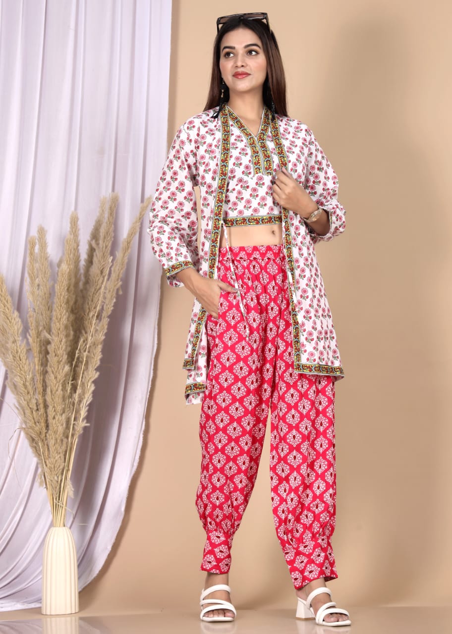 Pink Floral Printed 3-Piece Choli Shrug & Pant Set