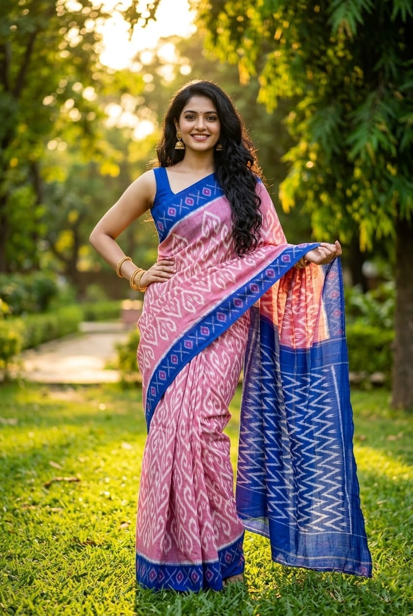 Pink Floral Printed Linen Saree with Peach Pallu | Soft Elegant Festive Drape