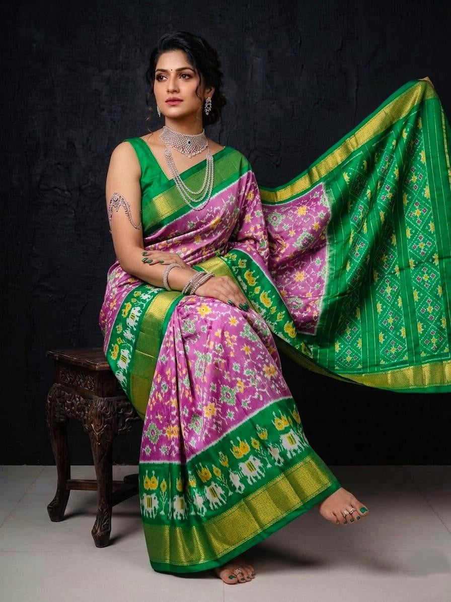 Pink Green Premium Rich Pallu Handloom Kotha Silk Saree