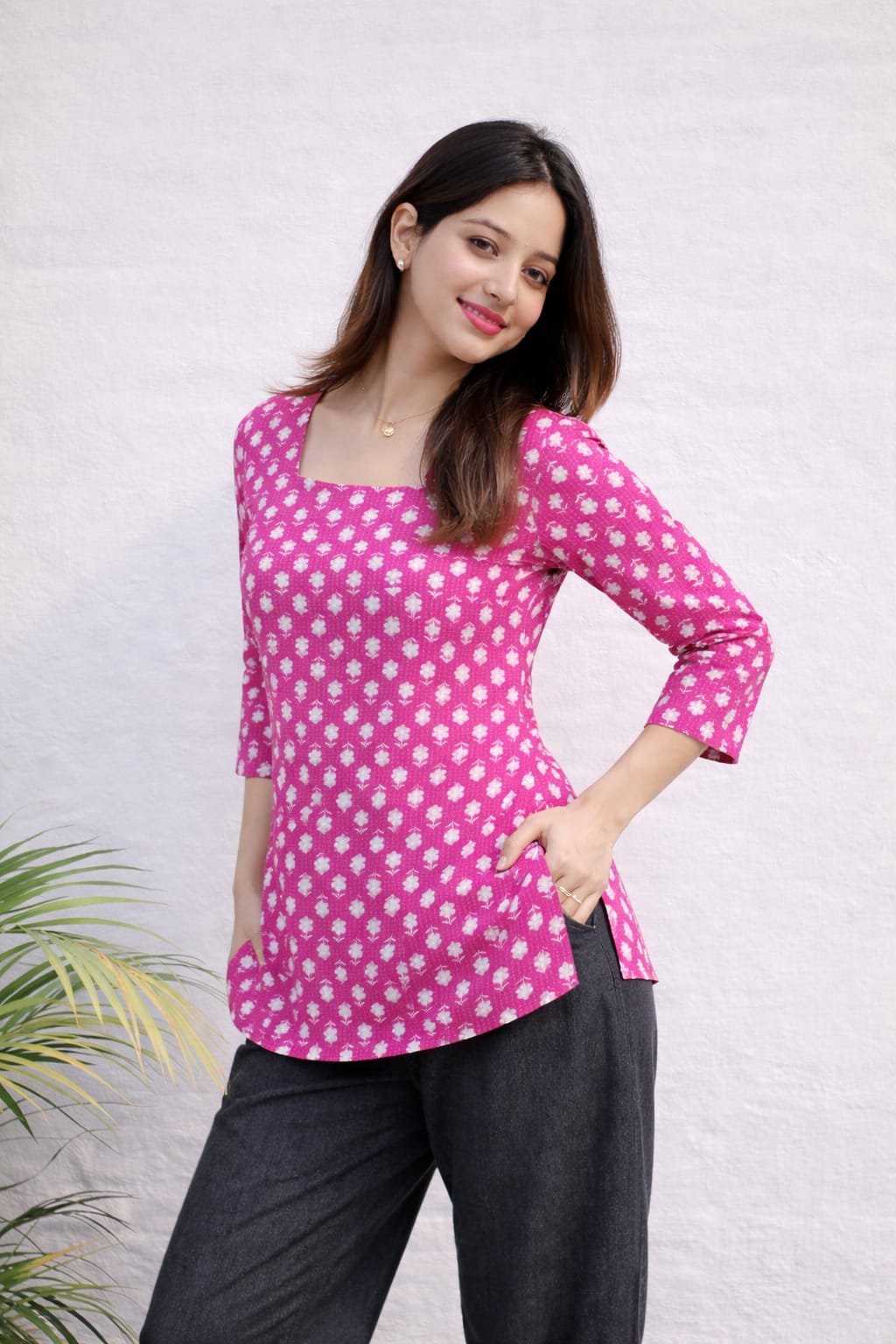 Pink Polka Dot Printed Short Kurti for Women | Bright & Festive Cotton Top | Party Wear