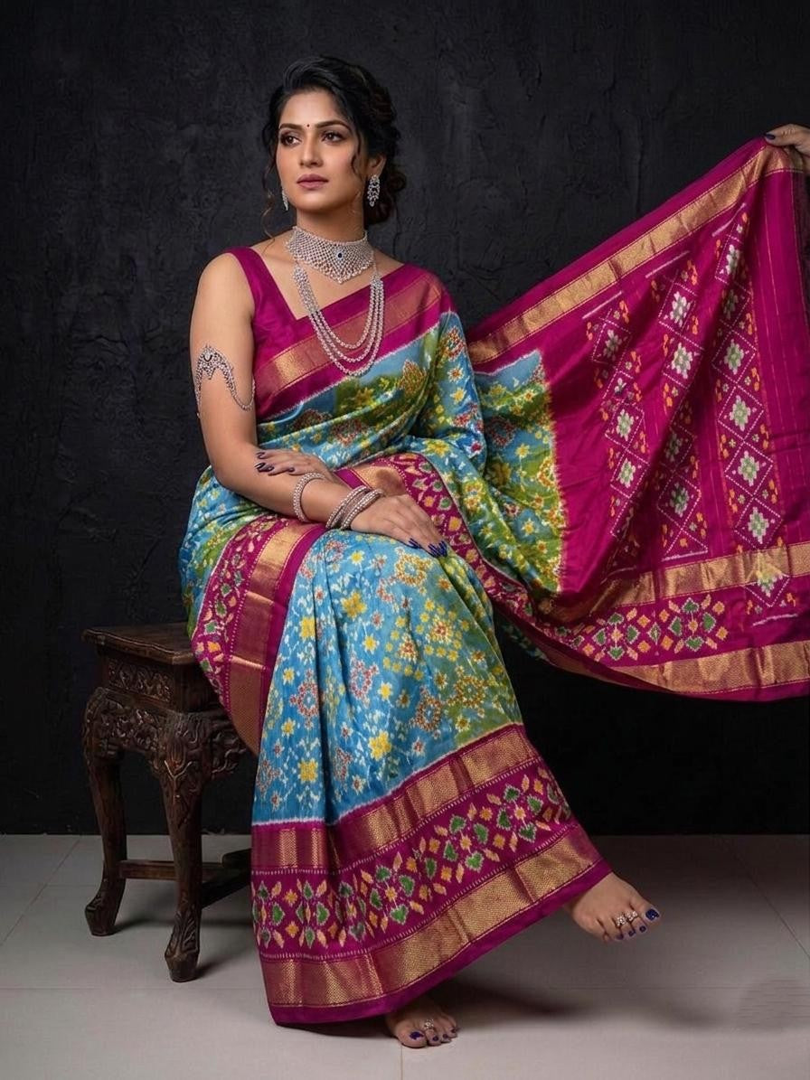 Pink Sky Blue Festive Handloom Kotha Silk Saree