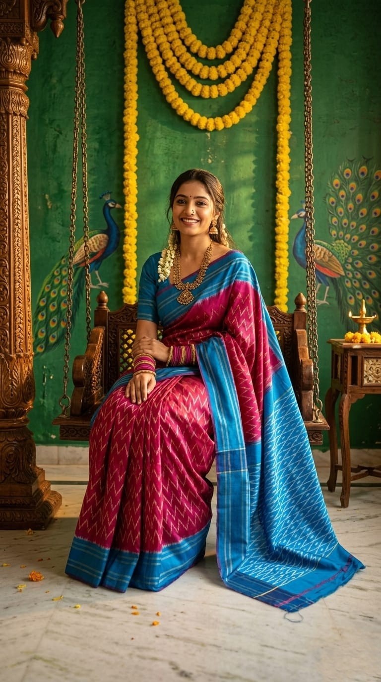 Pink and Sky Blue Barista Soft Silks Saree with Traditional Contrast Border