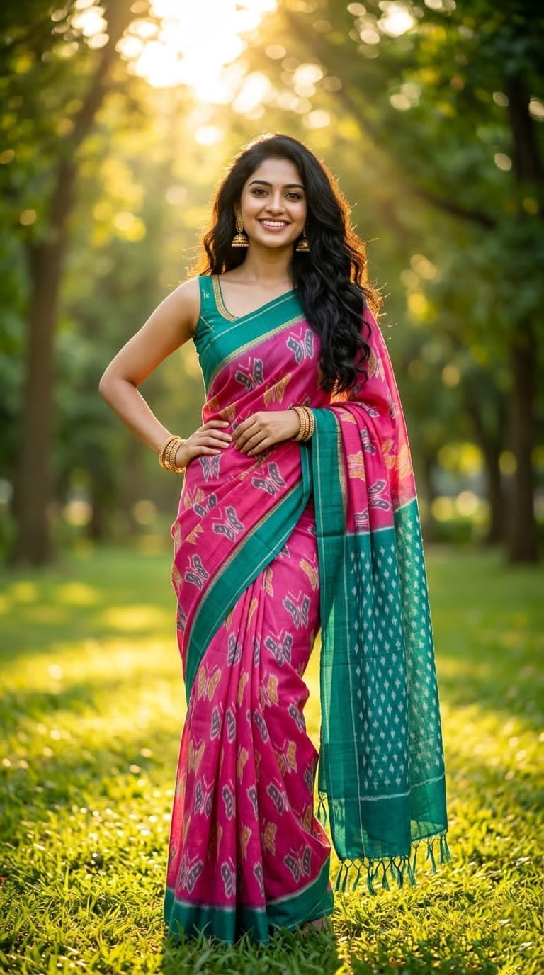Pink and Teal Printed Linen Saree with Border Work | Festive Casual Wear