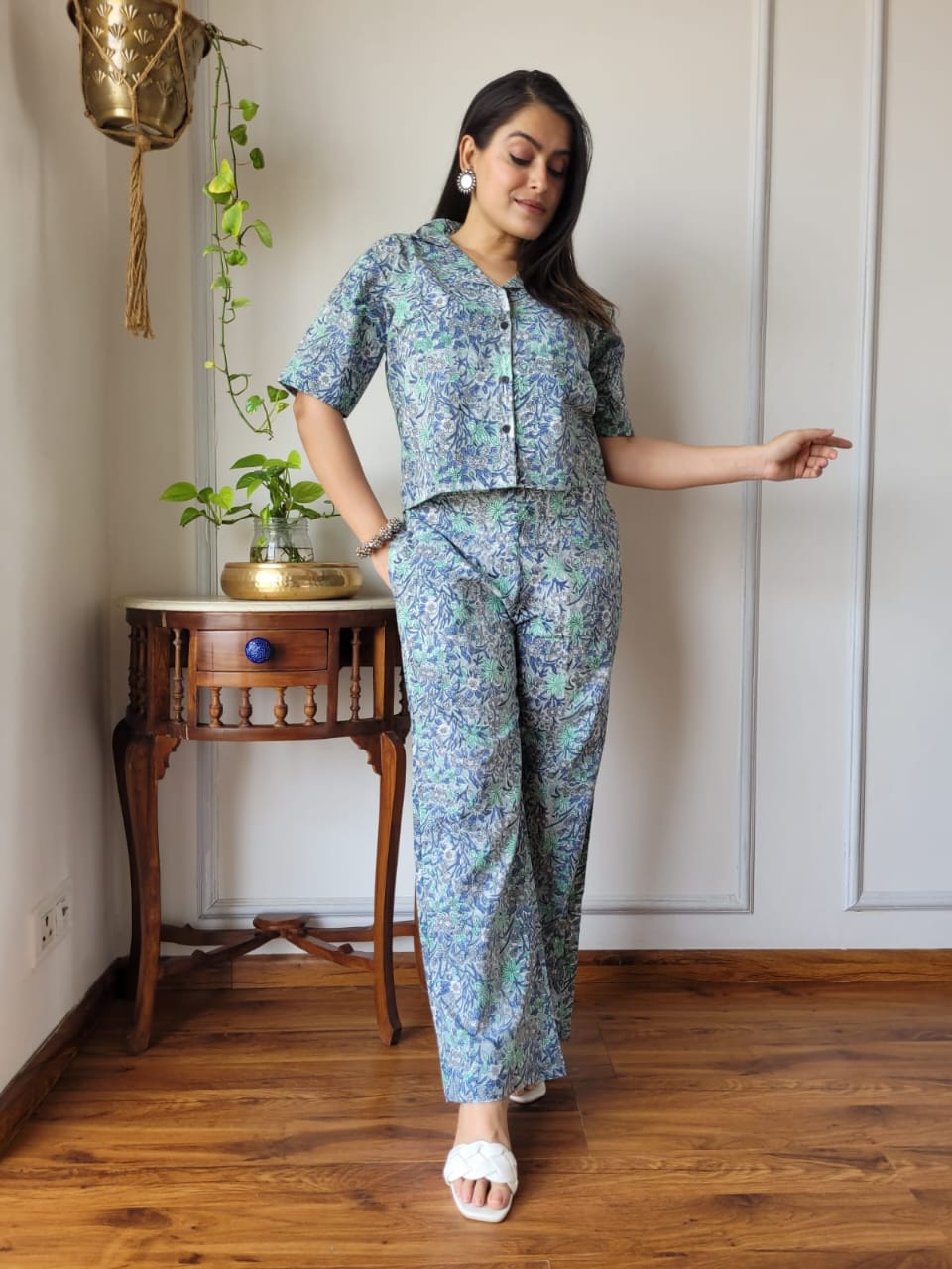 Powder Blue Floral Pure Cotton Hand Block Print Co-ord Set with Balloon Sleeves