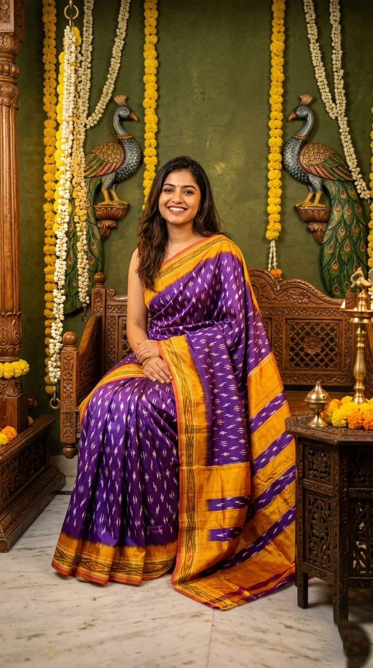 Purple Barista Soft Silks Saree with Mustard Traditional Border