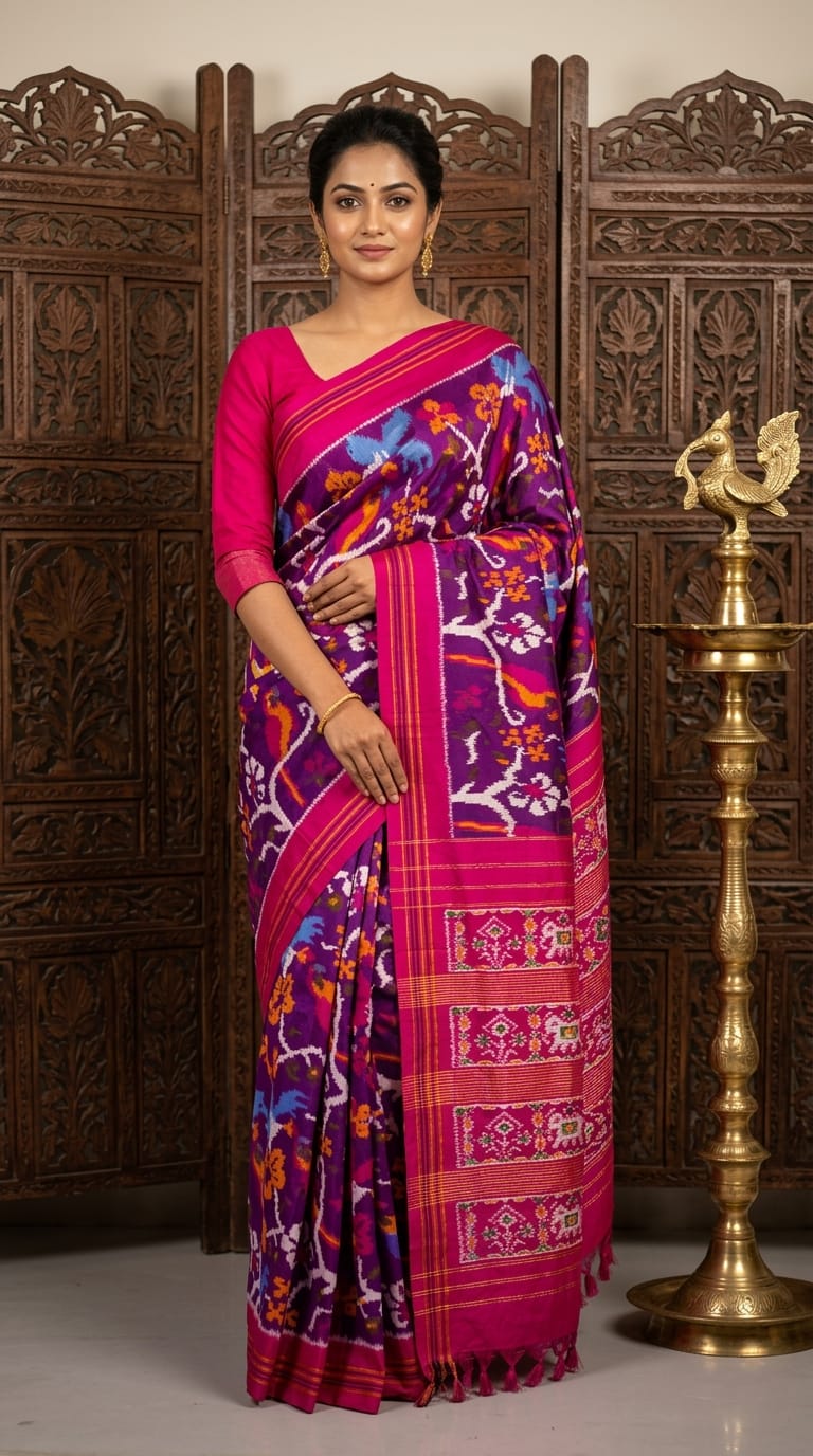 Purple Barista Soft Silks Saree with Pink Artistic Printed Border