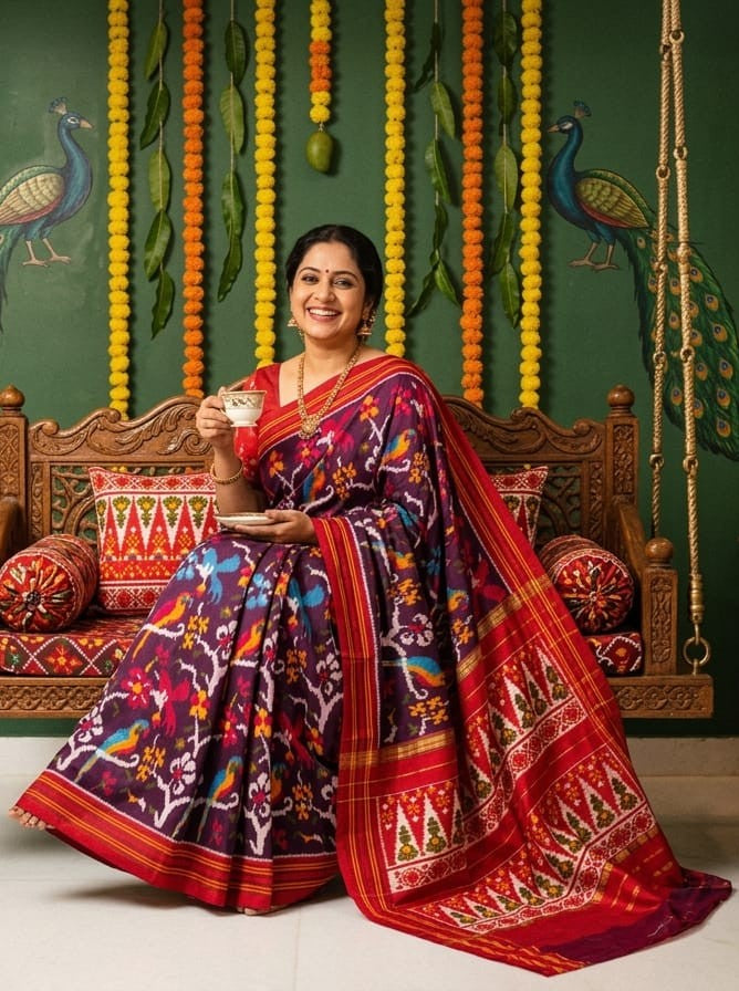 Purple Barista Soft Silks Saree with Red Floral Artistic Print