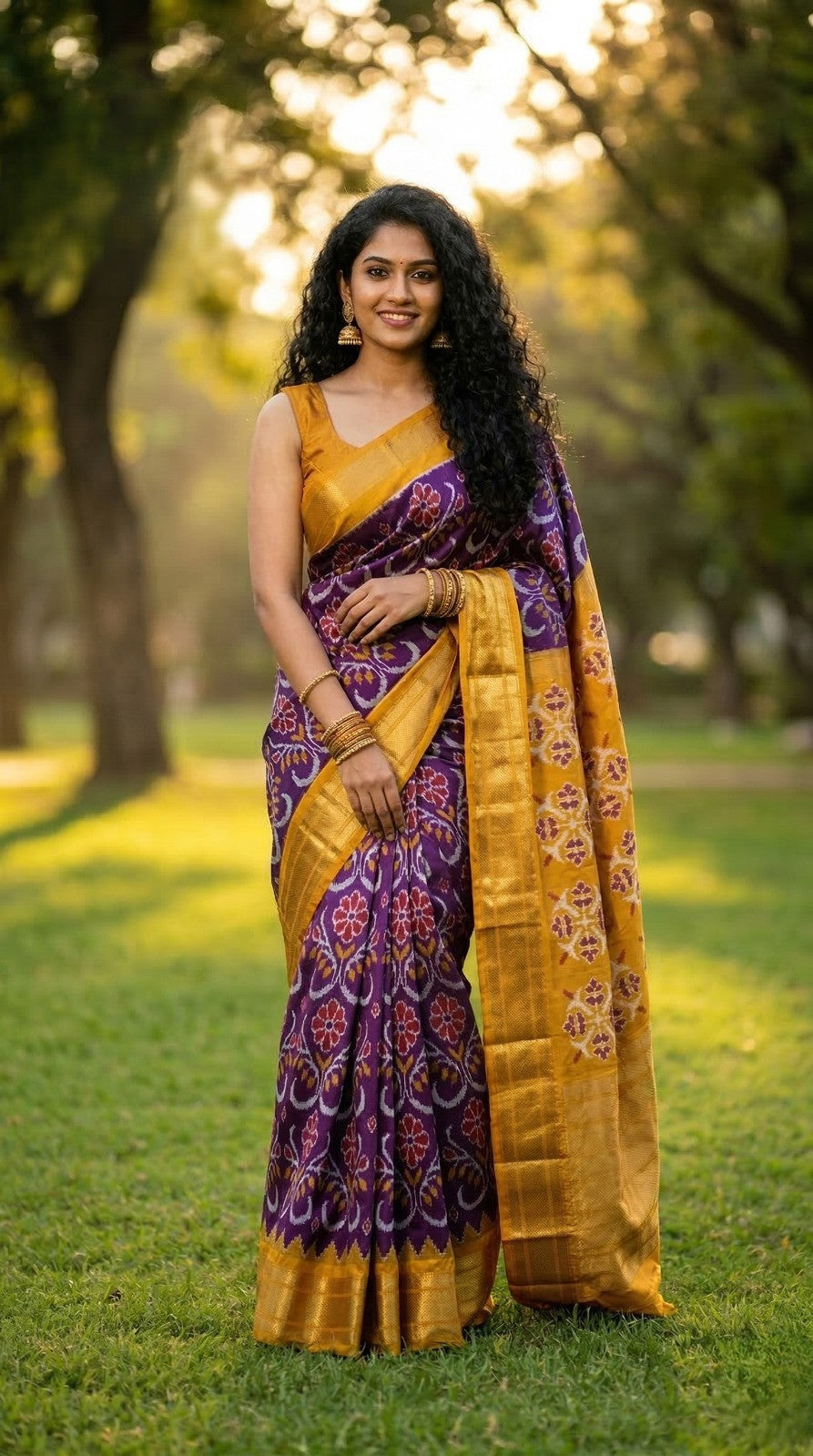Purple Bentex Handloom Silk Saree with Mustard Gold Rich Pallu