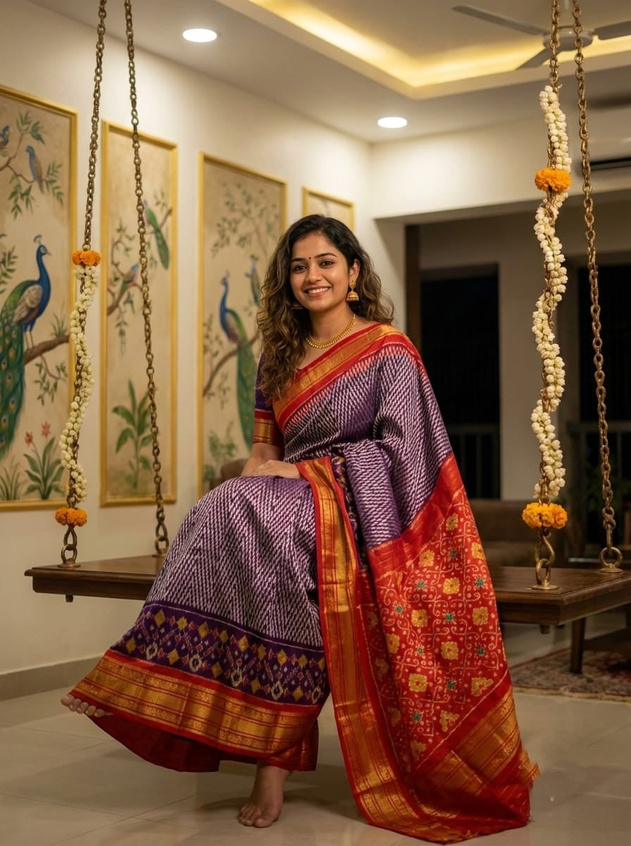 Purple Handloom Pattu Silk Saree with Orange Traditional Zari Pallu