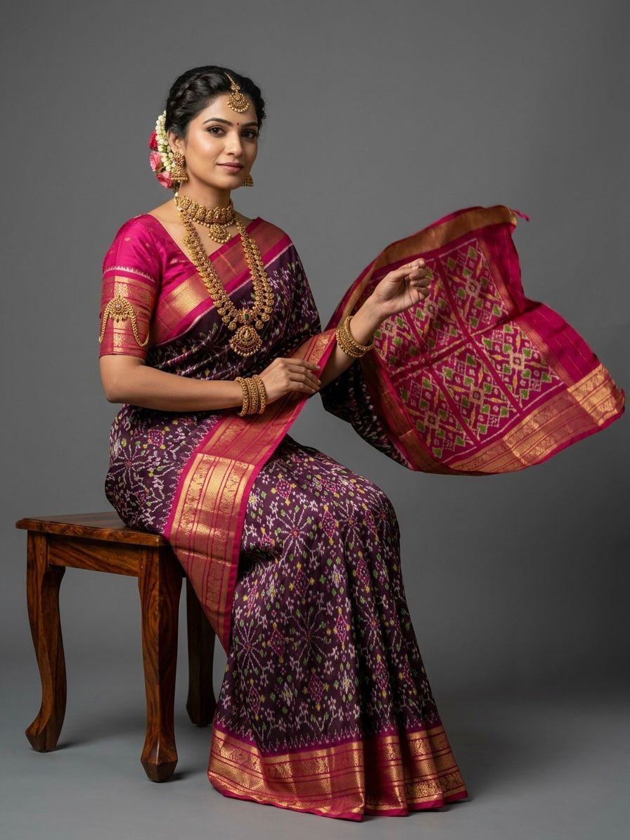 Purple Handloom Pattu Silk Saree with Pink Traditional Banarasi Border