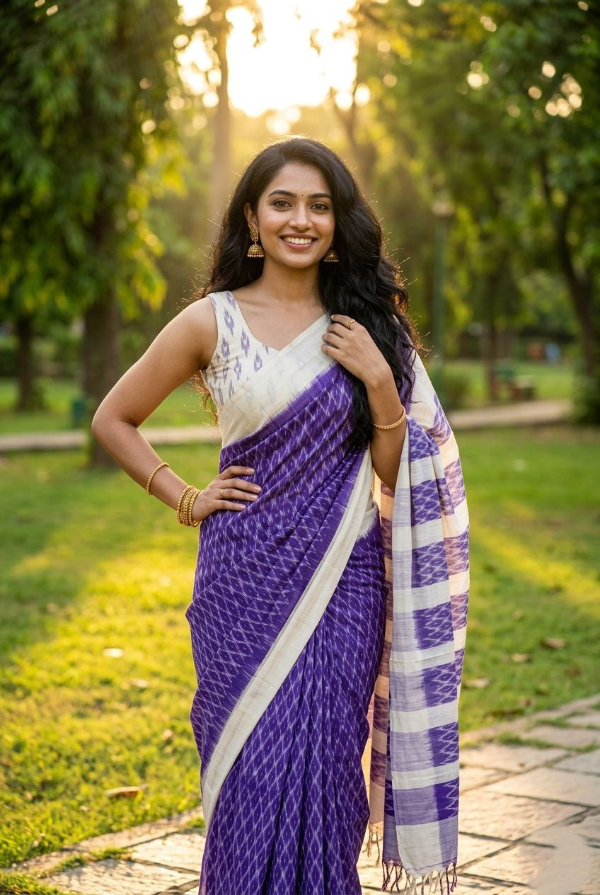 Purple Printed Linen Saree with Striped Pallu | Elegant Festive Saree