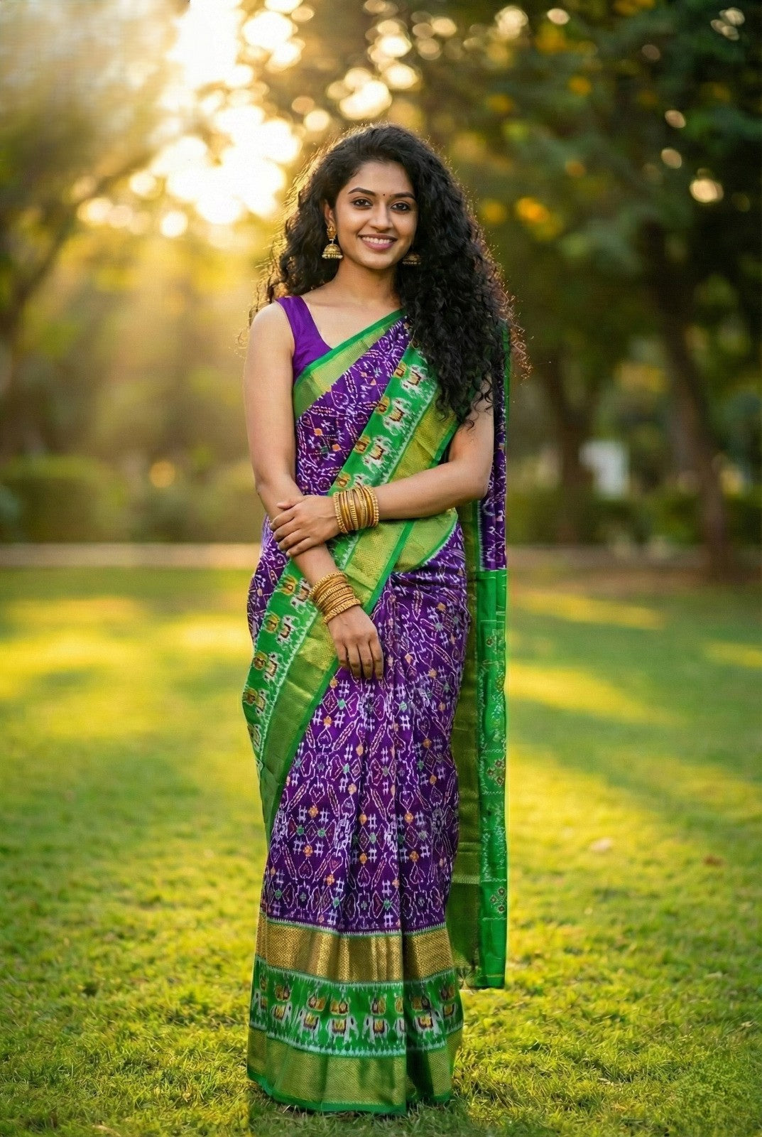 Purple and Green Bentex Handloom Silk Saree with Designer Temple Border