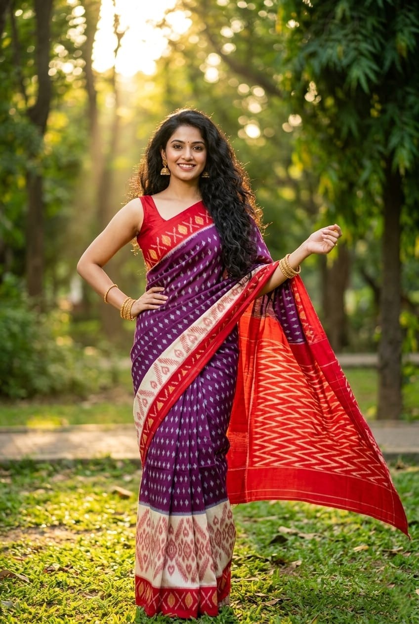Purple and Red Ikat Linen Saree with Floral Pallu | Vibrant Traditional Drape