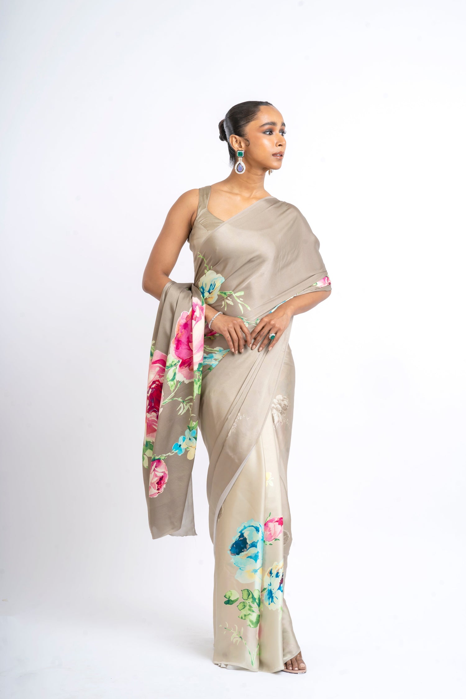 Buy Shyla Taupe Satin Silk Saree Online in India | Premvastra