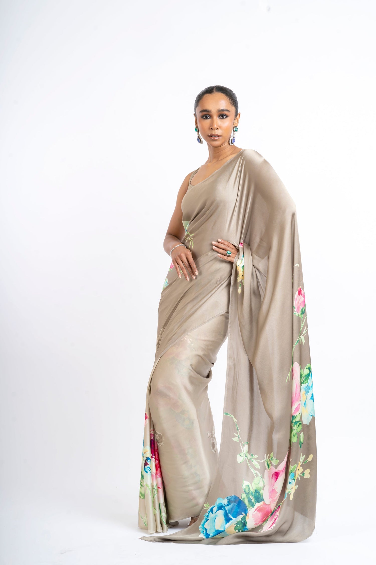 Buy Shyla Taupe Satin Silk Saree Online in India | Premvastra