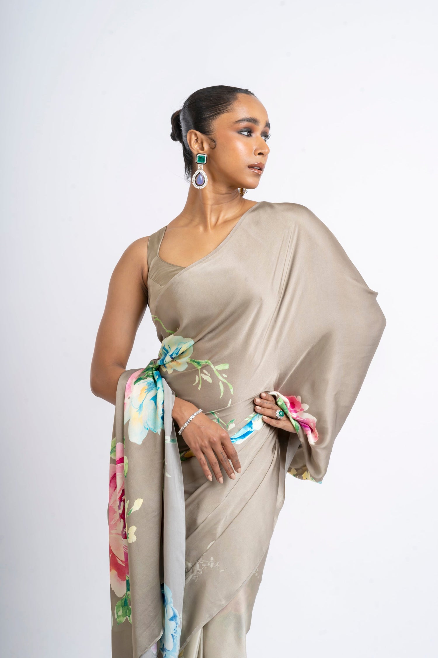 Buy Shyla Taupe Satin Silk Saree Online in India | Premvastra