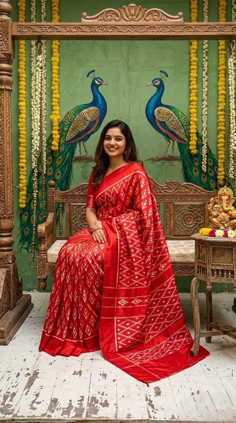 Red Barista Soft Silks Saree with Elegant Traditional Printed Weaving