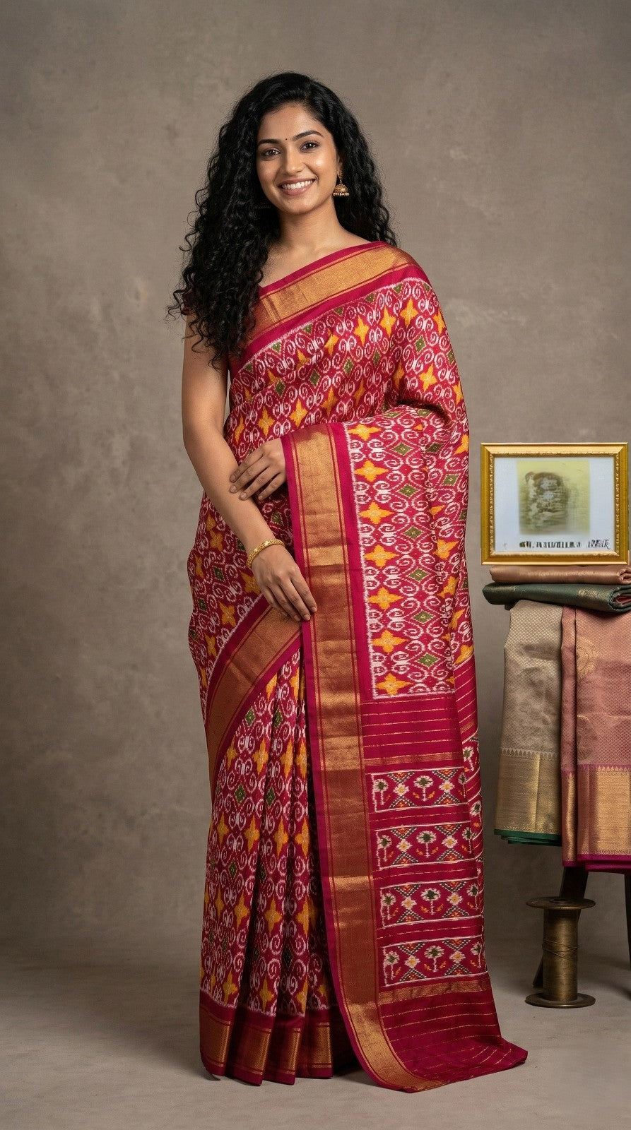 Red Bentex Handloom Silk Saree with Golden Ethnic Woven Design