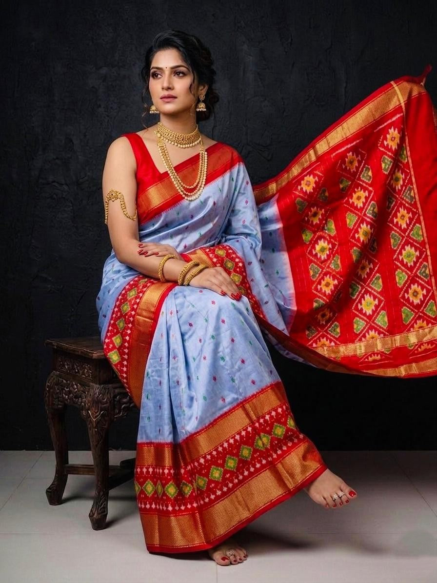 Red Grey Traditional Bridal Handloom Kotha Silk Saree