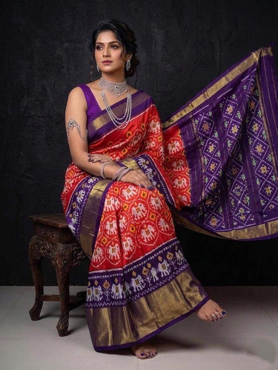 Red Purple Contrast Wedding Handloom Kotha Silk Saree