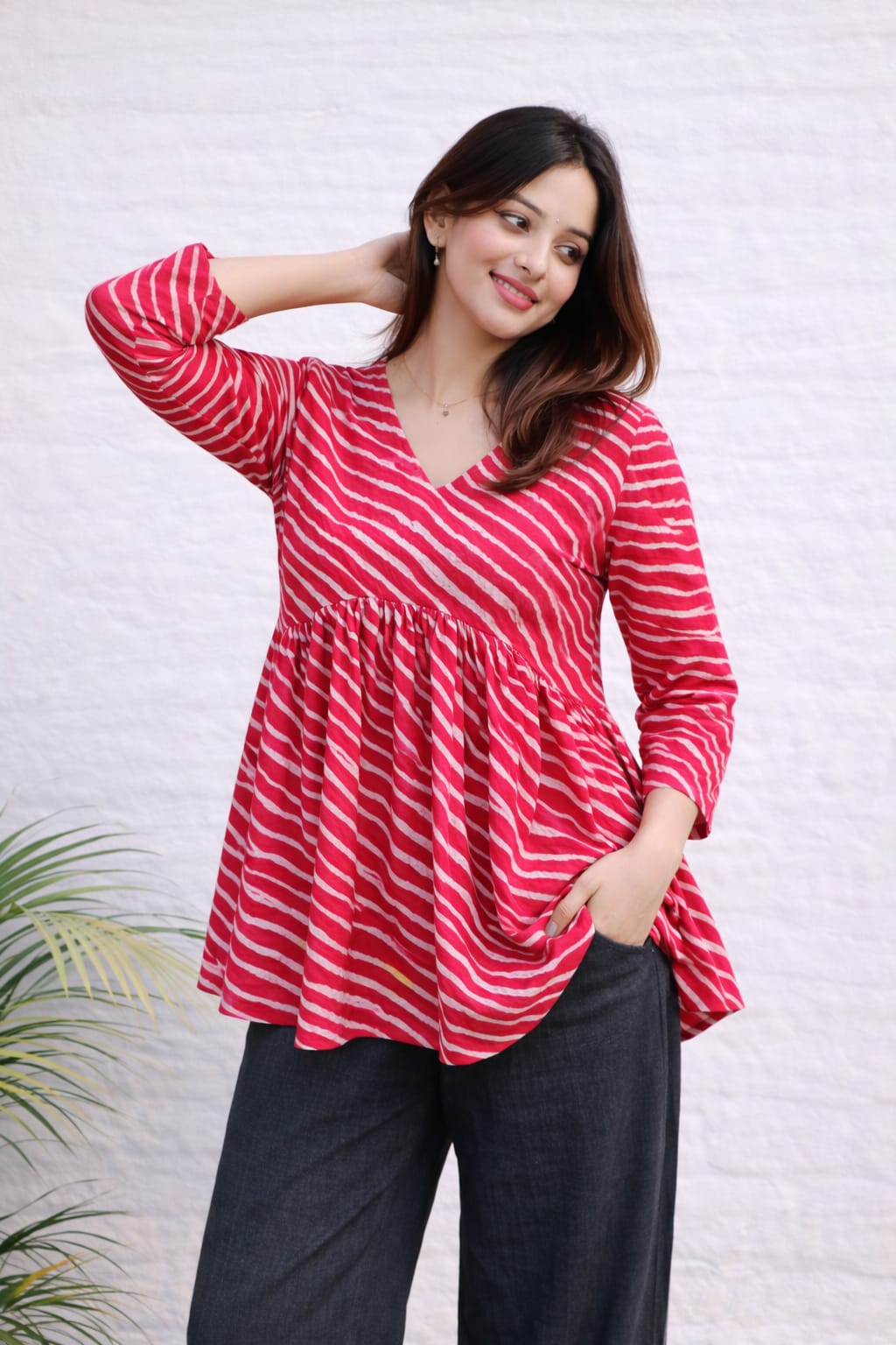 Red & Pink Stripe Printed Short Kurti for Women | Cotton Fabric | Vibrant Casual Wear