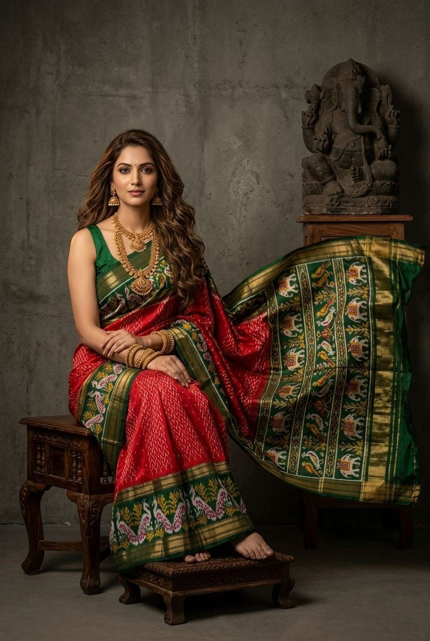 Red and Green Bentex Handloom Silk Saree with Royal Temple Border
