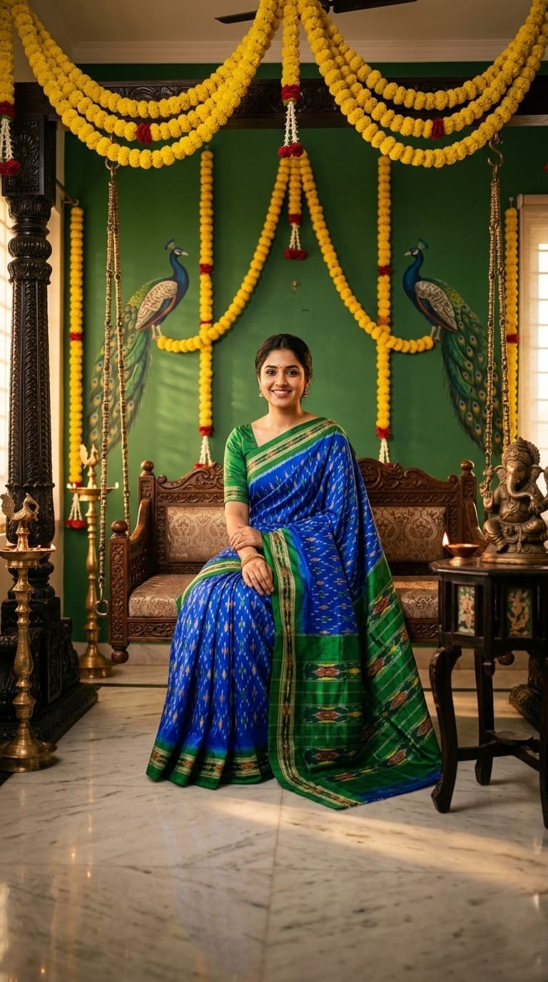 Royal Blue Barista Soft Silks Saree with Green Traditional Ethnic Border