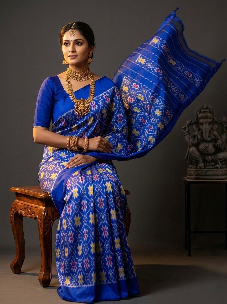 Royal Blue Barista Soft Silks Saree with Multicolor Ethnic Weaving