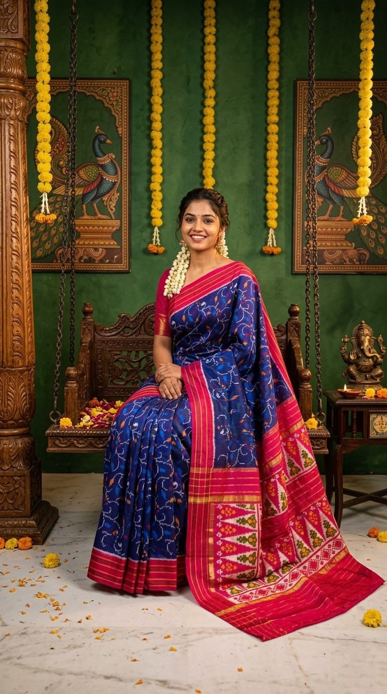 Royal Blue Barista Soft Silks Saree with Pink Designer Pallu