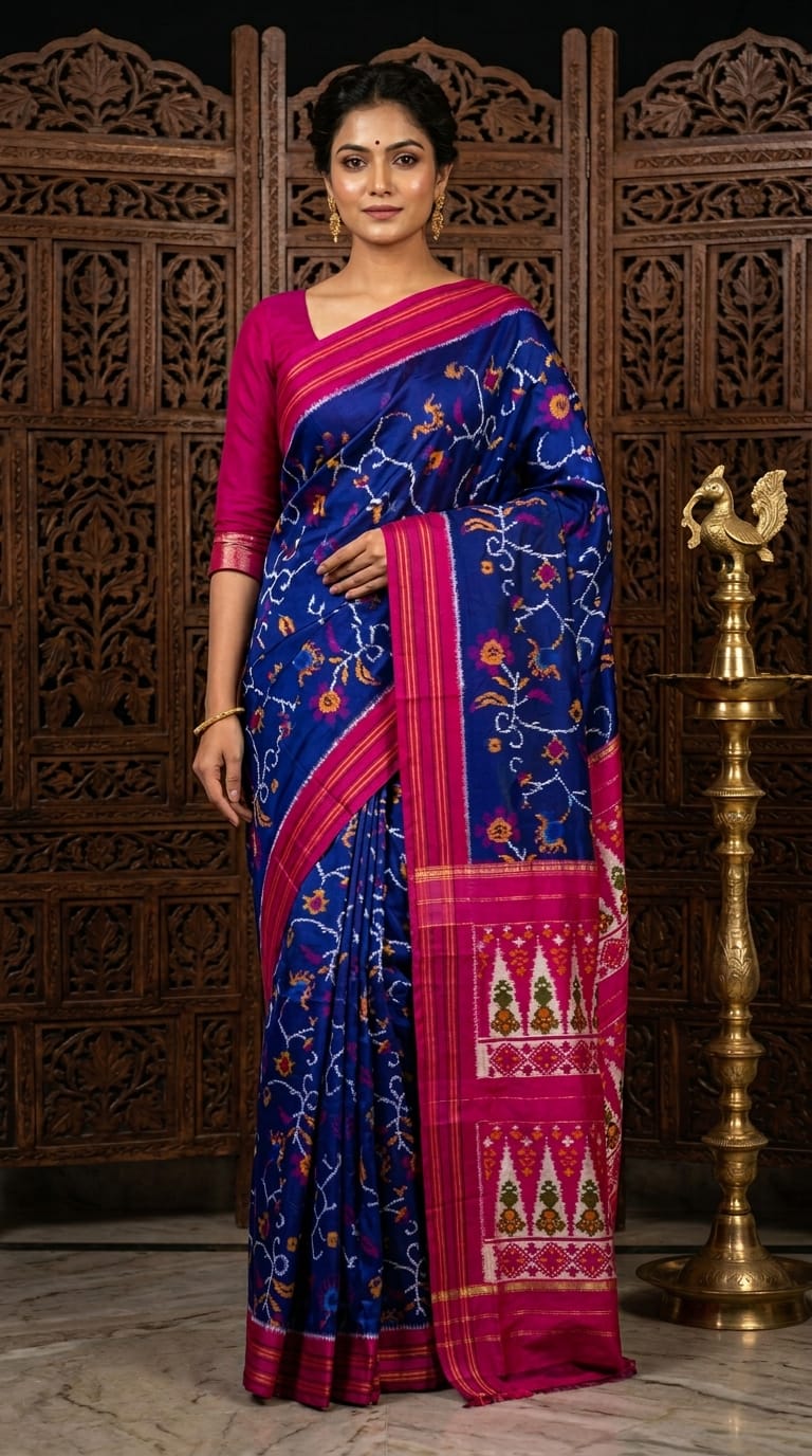 Royal Blue Barista Soft Silks Saree with Pink Traditional Printed Pallu