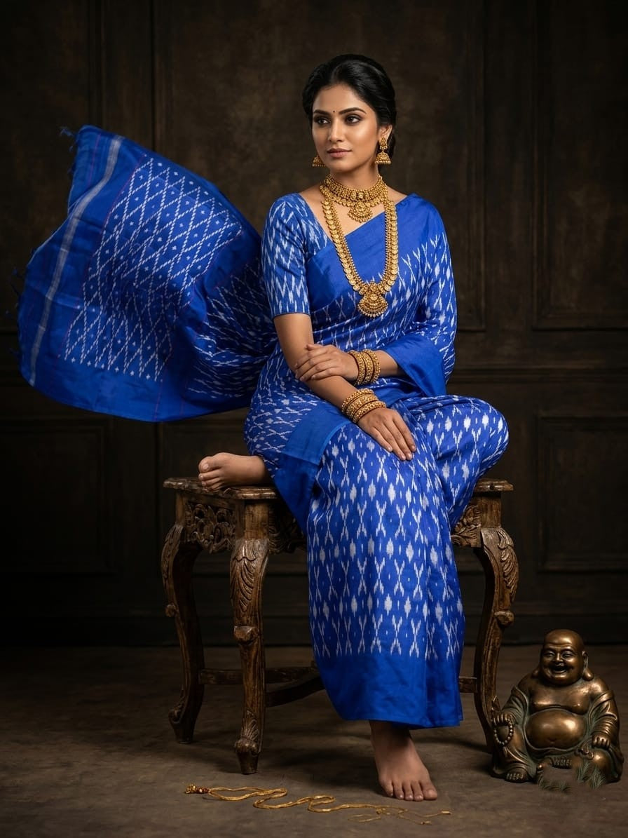 Royal Blue Barista Soft Silks Saree with White Ikat Pattern